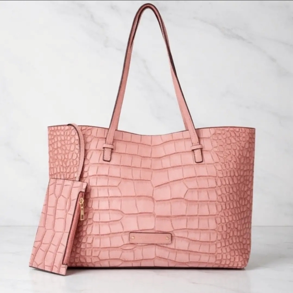 NWT De Vesi $200 Pink Crocodile-embossed Tote w/ Zip Pouch & Dustbag